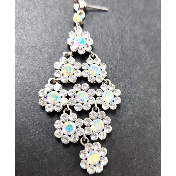 Bling Rhinestone Earrings AB Flower Drop Chandeliers 2.75 in. Pagent Prom - Picture 4 of 7